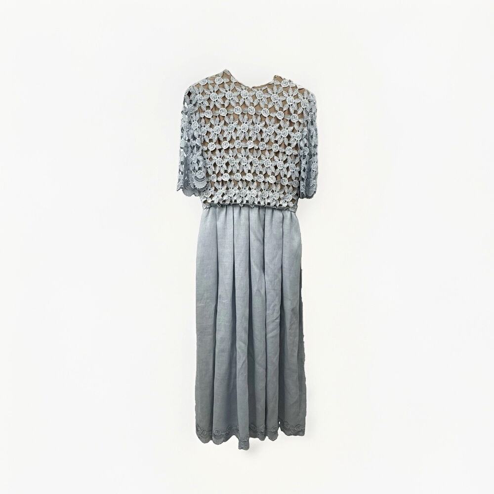 William Pearson Vintage Irish Linen Dress Lace Overlay Light Blue Size 12